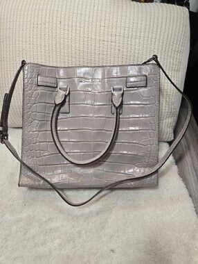 Michael Kors Dillon Satchel Dove Gray Croc Embossed Leather Shoulder Bag